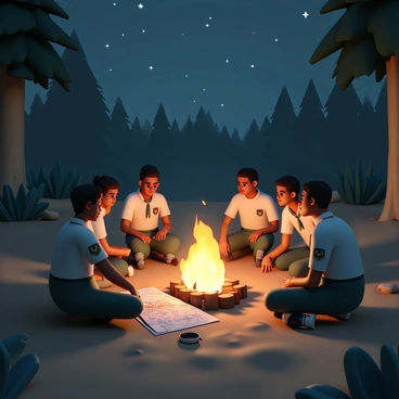 Members of the scout regiment are gathered around a campfire in a forest clearing. The group includes five individuals, each wearing scout uniforms with badges on their sleeves. They sit on logs and the ground, with their facial expressions showing focus and determination as they discuss strategies. The campfire flickers brightly, illuminating their faces and casting shadows in the surrounding trees. A map is spread out in front of them, with one member pointing at specific locations while others listen intently. The night sky is visible above, dotted with stars, and the atmosphere is tense yet hopeful as they plan their next move.