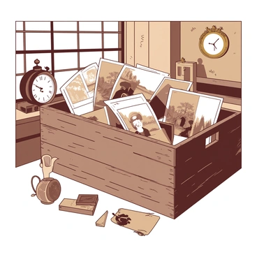 A bin filled with sepia-toned old photographs is situated in a vintage shop. The bin is made of weathered wood, showcasing its aged texture. Surrounding the bin, there are various antique items, such as a brass clock with intricate designs and an ornate mirror with a faded gold frame. The photographs inside the bin display vintage scenes, portraits, and landscapes, each captured in rich sepia tones. Soft, warm lighting filters through the shop's windows, casting gentle shadows across the scene and highlighting the nostalgic atmosphere of the vintage shop.