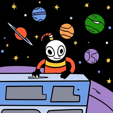 A cartoon illustration of "Cuphead," a character with a cup-like head and a straw, standing on a balcony of a futuristic space station. The space station is sleek and metallic, with bright lights and panels. In the background, a vibrant view of various colorful planets and twinkling stars fills the dark expanse of space. Cuphead has a determined expression, with big eyes and gloved hands resting on the balcony railing.