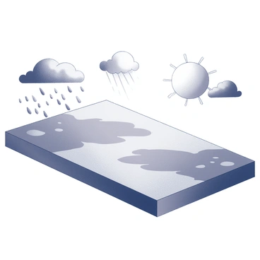 A vast landscape depicting various weather patterns. On the left, dark storm clouds swirl ominously, with raindrops visibly falling in diagonal lines towards the ground. In the center, a sunny area is depicted with bright rays radiating from a large, stylized sun, casting shadows on the terrain. To the right, a gentle drizzle can be seen, with small puddles forming on the ground. The entire scene captures the dynamic changes of the weather in a continuous flow, showcasing the contrasts between the different conditions.