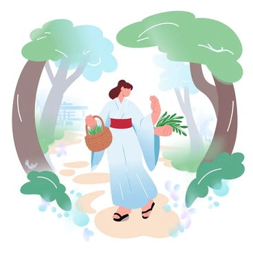 A miko dressed in a traditional white kimono with a red obi is walking along a forest path. She is carrying a woven basket in one hand, filled with various herbs. Surrounding her are tall trees with lush green foliage, and the sunlight filters through the leaves, creating a gentle play of light and shadow on the ground. Small wildflowers bloom along the path, adding pops of color. In the background, there are hints of traditional shrine elements peeking through the trees. The atmosphere is peaceful and serene, enhancing her connection to nature as she carefully gathers the herbs for shrine offerings.