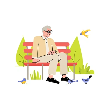 An elderly man with gray hair and glasses is sitting on a wooden bench in a park. He is wearing a light brown cardigan and beige trousers. Around him, small colorful birds such as blue jays and sparrows flutter and land on the ground, pecking at crumbs. The man has a gentle expression as he quietly observes the birds. In the background, there are green trees and patches of grass, creating a peaceful park setting.