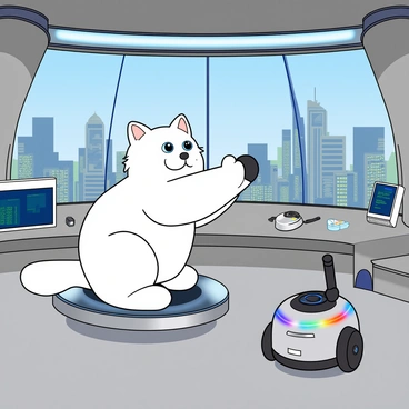 A fluffy white cat with bright blue eyes is playfully batting at a small, round robot companion. The robot has a smooth metallic surface with colorful lights blinking on its body. The setting is a futuristic room with sleek, curved walls and large windows showing a cityscape filled with tall, shiny buildings. Various gadgets and screens are scattered around, displaying glowing information. The cat is perched on a floating platform, while the robot is rolling around on the floor, creating a lively interaction between them.