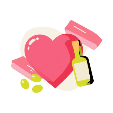 A cartoon-style illustration of a vibrant red heart, symbolizing health, placed at the center of the image. Surrounding the heart, there are various lipid-rich foods, including a pink salmon fillet with a shiny surface, a bottle of green olive oil with a label, and a few olives with a glossy finish. The background is lightly colored to enhance the focus on the heart and the foods, creating a visually appealing composition.