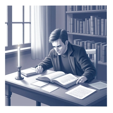 A man deeply focused on his studies, sitting at a wooden desk cluttered with aged, open books and scattered parchment. He has tousled hair and wears a long, dark coat. His eyes are narrowed in concentration as he examines a particularly worn manuscript, illuminated by the soft glow of a nearby candle. The background reveals shelves filled with more ancient texts and a window with heavy drapes, suggesting a dimly lit study filled with the essence of knowledge and contemplation.