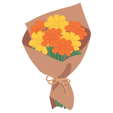 A rustic bouquet of marigold flowers is tightly arranged and wrapped in crinkled brown paper. The marigolds display vibrant orange and yellow petals, creating a striking contrast. Green stems peek out from the bottom of the bouquet, adding a touch of natural color. The brown paper is tied with a simple twine bow, completing the rustic aesthetic. The bouquet rests on a wooden surface, enhancing the natural feel of the composition.