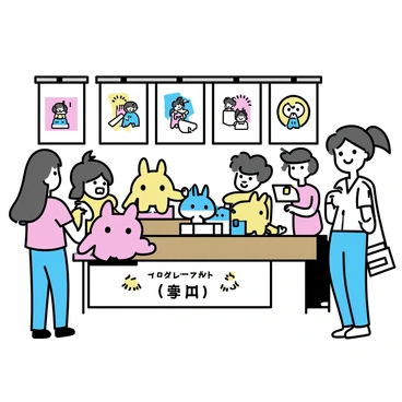 A bustling market stall selling toyotaro-themed merchandise and posters