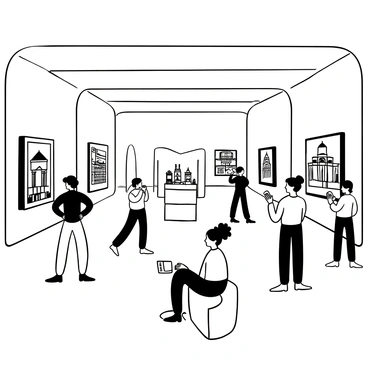 A spacious gallery with high ceilings displaying a series of detailed black-and-white sketches and illustrations of famous architectural designs. Each artwork is framed and hung on the walls, showcasing intricate line work and shading. In the center of the gallery, there are sleek display stands holding smaller sketches and models of architectural elements. Visitors in varied poses are observing the artworks, some taking notes while others examine the details closely. Soft lighting illuminates the sketches, enhancing the textures of the ink on paper.