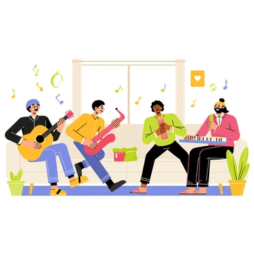 A cozy living room filled with warm light and comfortable furniture. A diverse group of musicians is gathered together, each playing different instruments. One musician is strumming a guitar, while another is playing a bright red saxophone. A drummer is seated at a small drum set, and a keyboardist is focused on a keyboard with colorful keys. Laughter and smiles are exchanged among the musicians, creating a joyful atmosphere. Various musical notes are illustrated in the air, adding to the lively scene. A few small houseplants are placed around the room, bringing a touch of nature indoors.