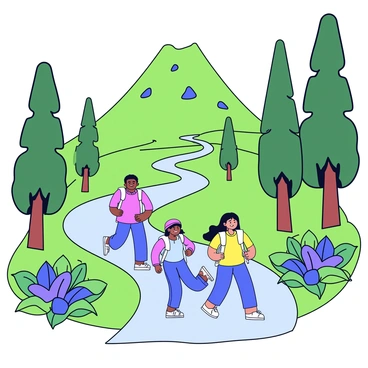 A family of four is hiking up a winding trail surrounded by lush green vegetation. In the background, there is a large volcano that rises prominently against the sky. The volcano has a slightly conical shape, with a few patches of darker rock visible among the greenery. The family members are dressed in casual hiking attire, and they appear to be enjoying their adventure. Tall trees and vibrant plants line the trail, creating a rich and inviting atmosphere. The sunlight filters through the leaves, casting dappled shadows on the ground.