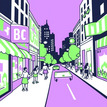 A bustling city street at night, filled with a variety of buildings and shops. The street is lined with glowing streetlights casting light onto the pavement. Several shop signs hang above the entrances, with distinct lettering and designs. People are walking along the sidewalk, some stopping to browse in window displays. The atmosphere is lively, with cars passing by and a few bicycles parked nearby. In the background, tall buildings tower over the street, and the faint outlines of trees can be seen.