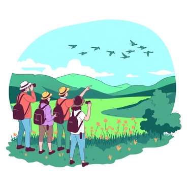 A group of six bird watchers is standing on a grassy hill, all wearing colorful hats and carrying binoculars. They are intently observing a flock of small teal birds flying gracefully in the clear blue sky. Below them, a lush green valley with vibrant wildflowers stretches out, filled with various shades of orange and yellow. In the distance, there are soft, rolling hills that create a beautiful backdrop for the scene. Each bird watcher is excitedly pointing towards the birds, sharing their observations. The scene captures the essence of nature and the joy of bird watching.