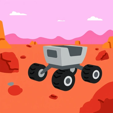 A robotic rover with metallic surfaces and intricate details is navigating the rocky terrain of Mars. The rover's wheels are gripping the uneven ground as it moves over large boulders and scattered pebbles. Surrounding the rover, the landscape features red and orange rocks, showcasing the rugged Martian environment. Above, a pinkish sky stretches across the horizon, illuminating the scene with a soft glow. Delicate clouds can be seen, adding texture to the sky, while distant mountains rise in the background.