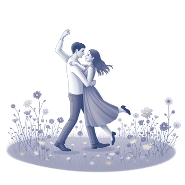 A couple is dancing joyfully in a vast open field filled with various flowers. The flowers have distinct shapes and sizes, creating a lively atmosphere around them. The couple is embraced in a dance, with their arms raised and bodies in motion. The background features a clear, expansive sky, giving a sense of openness and freedom. The couple appears connected and radiant, celebrating their shared moment in this enchanting setting.
