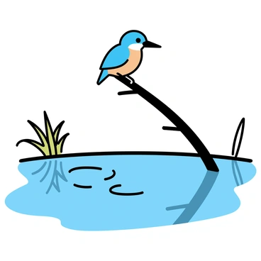 A kingfisher with bright blue and orange feathers is perched on a slender, dark branch. Its sharp beak is slightly open, and its eyes are focused ahead. Below, the surface of a shimmering pond reflects the vibrant colors of the bird. The water is calm, with subtle ripples distorting the reflection of the kingfisher, creating an illusion of movement. Surrounding the pond are lush green plants and reeds, adding to the natural setting.