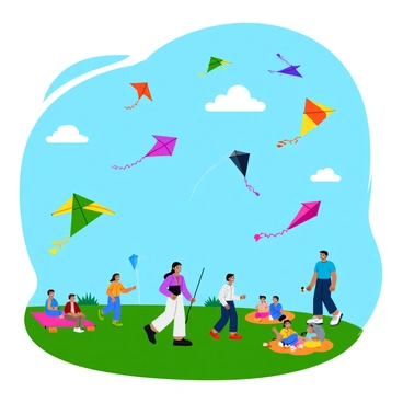 A vibrant kite festival is taking place with a variety of kites soaring high in a clear blue sky. There are colorful kites in the shapes of animals, geometric patterns, and traditional designs. Some kites are large and sweeping, while others are small and whimsical. Below, families and children are enjoying the festival, some are holding string reels, while others are running to keep their kites aloft. The grass is lush and dotted with picnic blankets and cheerful spectators. Brightly colored banners flutter in the gentle breeze, adding to the festive atmosphere.