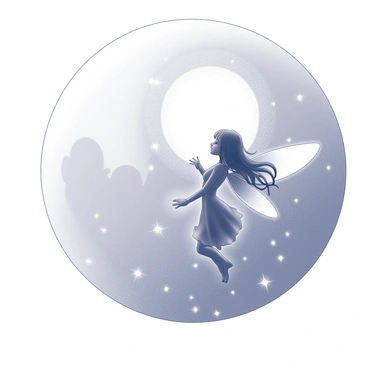 A fairy with delicate wings is soaring through the sky. The fairy has long flowing hair that gently billows in the wind. She is positioned against a large, luminous full moon that illuminates the night sky. The background features a scattering of stars twinkling in the night. As the fairy moves, she leaves a trail of sparkles, which shimmer and create a magical effect in the air. The scene captures the dynamic motion of the fairy in flight, emphasizing her grace and elegance.