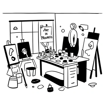 An artist's studio filled with various sketches scattered across a large wooden table. Paint tubes and brushes are arranged haphazardly next to an open palette smeared with different shades. In one corner, a partially completed sculpture stands on a pedestal, capturing the rough form of a figure. Canvases lean against the walls, showcasing diverse artistic styles. A window lets in natural light, illuminating the creative chaos of the space. "Art in Progress" is written on a paper pinned to a bulletin board, surrounded by other unfinished works.
