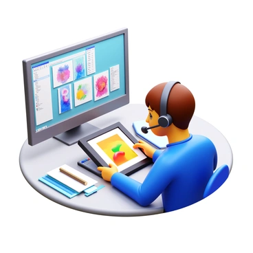 A digital artist focused on their work, using a graphic tablet connected to a sleek, modern computer. The artist has short hair and wears headphones while displaying a concentrated expression. The graphic tablet is illuminated, showing colorful illustrations in progress. The computer screen displays various design software interfaces. The workspace is organized, with sketchbooks and art supplies neatly arranged around the artist. The lighting is bright, highlighting the artist's creative environment.