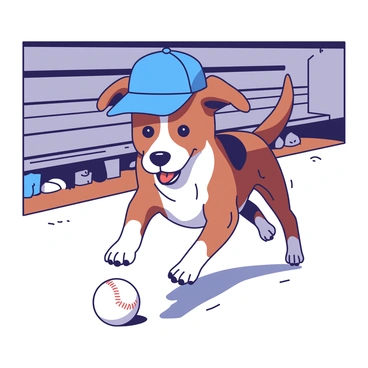 A playful dog with a shiny coat is wearing a blue baseball cap tilted to one side. The dog is energetically running towards a white baseball lying on the ground. The dugout is visible in the background, with wooden benches and a few sports equipment scattered around. The dog's ears are flopping with each step as it approaches the baseball, ready to fetch.