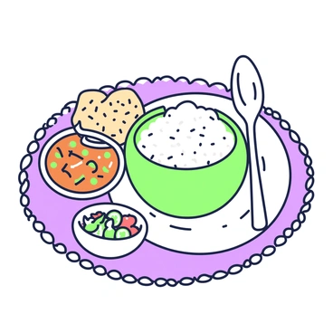 A plate of sambar is placed on a traditional tablecloth. The sambar is served in a bowl with a rich, thick texture and visible ingredients such as diced vegetables and spices. Next to the bowl of sambar, there is a mound of rice, fluffy and white. Surrounding the plate are colorful accompaniments, including a small bowl of diced cucumber, a bowl of tangy pickles, and a serving of crispy papadums. A spoon is resting on the side of the plate, ready for serving.