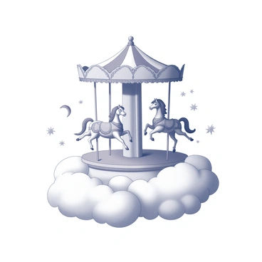 A carousel with intricately designed horses is positioned atop fluffy clouds. The carousel features ornate detailing, with poles that spiral upward. The scene includes whimsical elements, such as stars and crescent moons scattered around the clouds, enhancing the dreamlike atmosphere. The horses on the carousel are posed in mid-gallop, giving a sense of motion. Each horse has a unique appearance, with flowing manes and decorative saddles. The clouds are soft and billowy, creating a relaxed and whimsical setting.