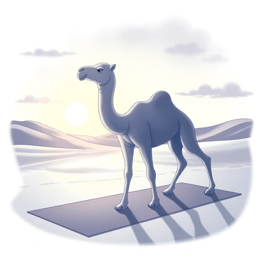 A camel is positioned on a yoga mat laid out on the sandy desert floor. The camel has its front legs stretched forward and its back legs slightly bent, resembling a yoga pose. The setting sun casts long shadows across the sand, creating a warm, glowing light. The sky is filled with wispy clouds, enhancing the serene atmosphere of the scene. There are sand dunes in the background, gently rolling towards the horizon. The camel appears focused and balanced, embodying the essence of yoga practice.