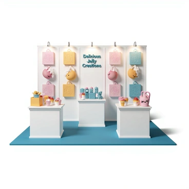 An exhibition booth decorated with colorful jelly-inspired prints displayed on vertical panels. The booth is filled with various merchandise, including translucent jelly-shaped keychains, plush toys resembling different jelly flavors, and vibrant tote bags featuring jelly patterns. Tables are neatly arranged with samples of jelly desserts in small cups, and a central sign that reads "Delicious Jelly Creations" in bright, playful lettering. The floor is covered with a bright blue carpet that enhances the cheerful atmosphere of the booth.
