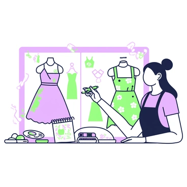 A fashion illustrator is seated at a desk, sketching a new spring dress collection. She has long hair tied back in a bun and is wearing a black apron over her clothing. On the desk, there are multiple sheets of paper showing various dress designs, each adorned with intricate floral patterns. The illustrator is holding a green marker and is focused on adding details to a dress with delicate lines and flowing shapes. Nearby, a palette with an array of green and purple shades is placed, along with a sketchbook filled with preliminary ideas. In the background, there are soft light sources illuminating the workspace, enhancing the creative atmosphere.