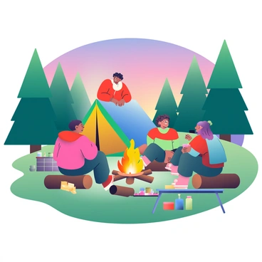 A vibrant campsite is set up in a lush green forest during twilight. A group of friends is gathered around a crackling campfire, their faces illuminated by the warm glow. They are seated on logs and blankets, laughing and sharing stories. One person, with curly hair and wearing a bright red jacket, is busy setting up a tent in the background. The tent is a colorful blue and yellow design, partially staked into the ground. Tall pine trees surround the campsite, and the sky above is a gradient of purple and orange as the sun sets. A picnic table nearby holds various snacks and drinks in colorful containers.