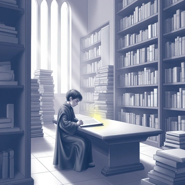 A figure resembling a young Jedi is seated at a large, ornate wooden table in a cavernous library filled with towering bookshelves. The shelves are lined with ancient Jedi texts, some with intricate designs embossed on their covers. The Jedi is wearing a dark robe, and his expression is focused as he examines an open book in front of him. Soft light filters through tall, arched windows, illuminating dust motes in the air. In the background, there are additional tall stacks of books and scrolls, creating an atmosphere of knowledge and history. A small light source glows beside the Jedi, casting gentle shadows around the room.