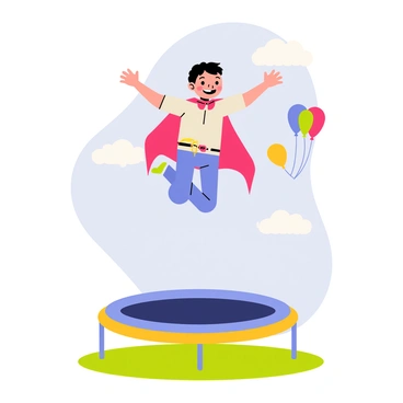 A child wearing a bright red superhero cape is soaring through the air with arms outstretched. The child has a big smile on their face, showcasing excitement and joy. Below, a colorful trampoline is visible, with its vibrant blue and yellow edges contrasting against the green grass. The scene is filled with a clear blue sky, dotted with fluffy white clouds. There are a few colorful balloons floating in the air nearby, adding to the sense of whimsy.