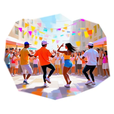 A group of street dancers performing dynamic moves in front of an enthusiastic crowd during a vibrant city festival. The dancers are showcasing various styles, with one wearing a bright red shirt and black pants, another in a colorful tank top and denim shorts. Their movements are captured mid-action, exuding energy and excitement. The crowd consists of diverse individuals, some clapping and others recording the performance on their phones. Colorful banners and decorations hang above, adding to the festive atmosphere while sunlight filters through, creating a lively scene.