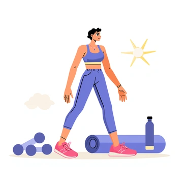 A sporty fashion figure wearing a vibrant purple sports bra and matching leggings is positioned in an athletic pose, ready for a dynamic workout. The figure has a determined expression, with short, styled hair and a headband. Bright pink sneakers are laced tightly on their feet. Around them are various workout accessories, including a yoga mat rolled up in the background, a set of dumbbells on the ground, and a water bottle resting nearby. Sunlight filters through, casting a soft glow that highlights their athletic build.