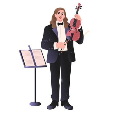 A digital flat illustration of a musician standing confidently while holding a violin in their right hand. The musician has light skin and long curly brown hair, wearing a stylish black tuxedo with a white shirt and black bow tie. Next to the musician, there is a music stand displaying sheet music. The background features a soft gradient, enhancing the focus on the musician and the violin. The musician's expression is joyful, showcasing their passion for music.