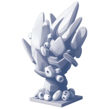 A sculpture composed entirely of recycled plastic materials. The artwork showcases various forms and shapes, creating an intricate and textured surface. Different pieces of plastic are assembled together, featuring a mix of natural and abstract elements. The sculpture stands on a base that resembles a pile of discarded plastic waste, emphasizing its recycled nature. The overall appearance is dynamic, reflecting the varied colors and translucency of the plastic components. A sense of movement is conveyed through the arrangement of the pieces, inviting viewers to explore the details of the material.