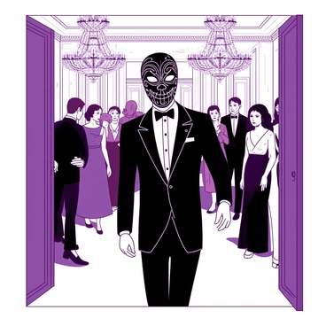 A masked stranger wearing an elegant black tuxedo is entering a grand ballroom filled with ornate decorations. The ballroom features large chandeliers that cast a soft glow over the guests, who are dressed in formal attire. The stranger's mask is intricately designed with silver patterns, adding an air of mystery. As the guests turn their attention toward the entrance, their expressions reveal curiosity and intrigue. The scene is vibrant with a sense of anticipation as the stranger steps further inside, creating a captivating focal point in the lively atmosphere.