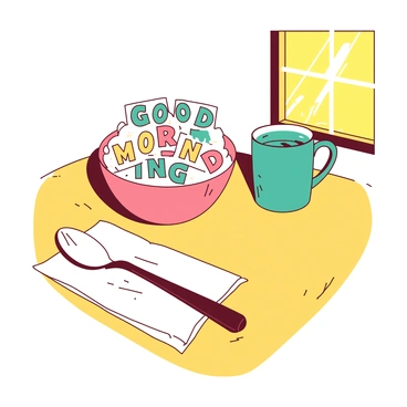 A yellow table is set with a bowl filled with colorful alphabet-shaped cereal pieces. The cereal pieces are arranged to spell out "good morning" in bright letters. Next to the bowl, there is a white spoon resting on the table. Sunlight streams in from a nearby window, illuminating the scene and creating a warm atmosphere. In the background, a teal mug sits beside the bowl, enhancing the cheerful setting.