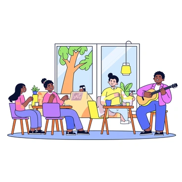 A cozy cafe with soft, warm lighting illuminating the space. There are wooden tables with chairs scattered around, and a few patrons sitting and enjoying their drinks. By a large window, a musician is sitting on a stool, playing an acoustic guitar. The musician has a relaxed posture, with a smiling expression. The window shows a view of a tree outside, with green leaves gently swaying. A small potted plant sits on the table near the musician.