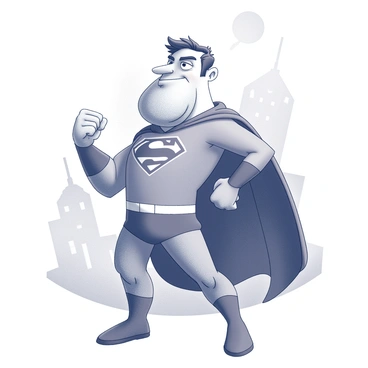 A superhero stands confidently with a large, exaggerated chin that dominates his facial features. He is wearing a classic superhero costume complete with a cape that billows dramatically behind him. The superhero poses with one hand on his hip and the other raised in a fist, showcasing his strength. His facial expression displays a mix of determination and a playful smirk. The background includes whimsical elements, such as a city skyline that adds to the humorous tone of the scene.