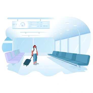 A nearly deserted airport terminal features long, empty rows of seats in muted colors. Bright overhead lights create a soft glow against the polished floors. A single traveler, dressed in a casual outfit, is walking with a suitcase rolling behind. Large glass windows line one side of the terminal, showcasing a clear blue sky outside. Signs with flight information hang above, casting shadows on the floor. The atmosphere conveys a sense of stillness and quiet.