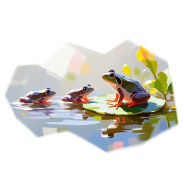 An illustration depicting the developmental stages of a young frog, focusing on the transition from gills to lungs. On the left side of the image, a young tadpole is submerged in water, showcasing its external gills, with soft, delicate frills framing its head. The tadpole is dark in color, with a long, slender body and a tail propelling it through the water. As the viewer’s eyes move toward the right, the frog’s body begins to change, illustrating the growth of limbs and the gradual reduction of the tail. The young frog is poised on the surface of a lily pad, with its newly formed lungs visible as it breathes air. The surrounding environment includes rippling water and green aquatic plants, emphasizing the transformation from an aquatic to a semi-terrestrial life stage.