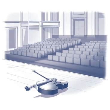 A concert hall with high ceilings and elegant architectural details. The stage is empty, featuring polished wooden flooring. In the center of the stage lies a single violin, lying gently on its side. Soft light casts delicate shadows across the stage, emphasizing the contours of the violin. The seats in the auditorium are arranged in neat rows, each one unoccupied, conveying a sense of stillness and anticipation. The atmosphere is quiet, capturing the essence of a poignant moment frozen in time.