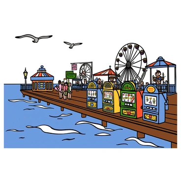 A seaside amusement park with colorful vintage slot machines lined up along a wooden boardwalk. The slot machines are adorned with bright designs and retro elements. In the background, the ocean shimmers under the sunlight, with gentle waves lapping at the shore. Various amusement rides, such as a Ferris wheel and carousel, are visible, adding to the lively atmosphere. People are strolling along the boardwalk, enjoying the vibrant scene, and there are seagulls flying in the clear blue sky above.