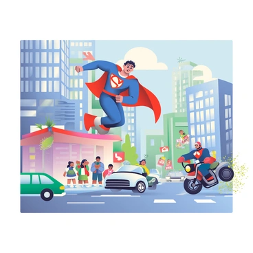 A detailed storyboard panel depicts a dynamic city chase scene featuring a superhero in the foreground. The superhero, wearing a sleek blue and red costume with a bold emblem on the chest, is leaping from one rooftop to another. He has a determined expression on his face, and his cape billows dramatically behind him. Below, a busy street is filled with cars, and a group of startled pedestrians is watching the action unfold. In the background, tall skyscrapers reach towards the sky, and clouds hint at an approaching storm. To the side, a villain on a motorcycle is speeding away, leaving a trail of dust and debris in their wake. The scene is vibrant and energetic, conveying a sense of urgency and excitement.