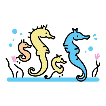A family of seahorses swimming together in the ocean. The parents, featuring curled tails and distinctive snouts, are accompanied by two small seahorse fry. The sea water is clear, allowing light to filter through, creating a gentle ripple effect around them. The seahorses are surrounded by soft, waving sea grass and small colorful corals in the background. Each seahorse displays unique patterns and colors, with hues of yellow, orange, and light blue.