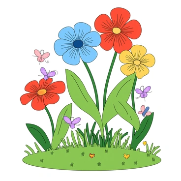 A magical garden features large, colorful flowers in shades of red, blue, and yellow, each with intricate details on the petals. The flowers tower above the grass, creating a vibrant landscape. Tiny fairies with delicate wings, glimmering in shades of pink and purple, are fluttering around the flowers. Some fairies are hovering near the blossoms, while others are playfully dancing in the air. The grass is lush and green, dotted with smaller plants and colorful butterflies. The scene is alive with movement and vivid colors.