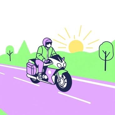 A solitary rider is cruising on a BMW motorcycle down an open road. The rider is wearing a protective leather jacket and a helmet. The motorcycle is sleek and modern, with distinct features that stand out. The sun is setting on the horizon, casting a warm glow that creates long shadows on the asphalt. The surrounding landscape is dotted with silhouettes of trees and distant hills, contributing to the tranquil atmosphere of the scene. The sky is filled with soft gradients of light as the day transitions to dusk.