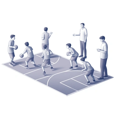 A group of young basketball players engaged in practice drills on a court. They are wearing matching uniforms, with varying jersey numbers. Some players are dribbling the basketball, while others are positioned for passes or shooting. The court is marked with lines for different zones and includes the three-point line. On the sidelines, a coach is giving instructions, gesturing to emphasize key points. The scene captures the energy and focus of the players as they work on their skills.