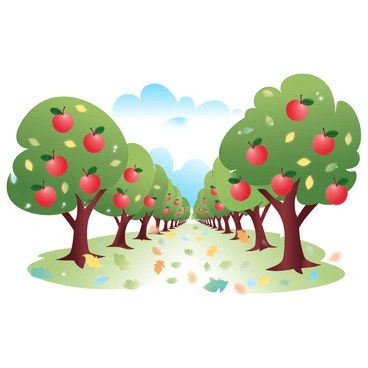 A lush apple orchard with rows of tall trees, each laden with clusters of red, juicy apples. The branches are heavy with ripe fruit, some apples glistening with droplets of morning dew. The ground is carpeted with fallen leaves in various shades of green and gold, hinting at the changing seasons. A gentle breeze rustles the leaves, creating a serene atmosphere. In the background, a clear blue sky is visible, complementing the vibrant colors of the orchard.